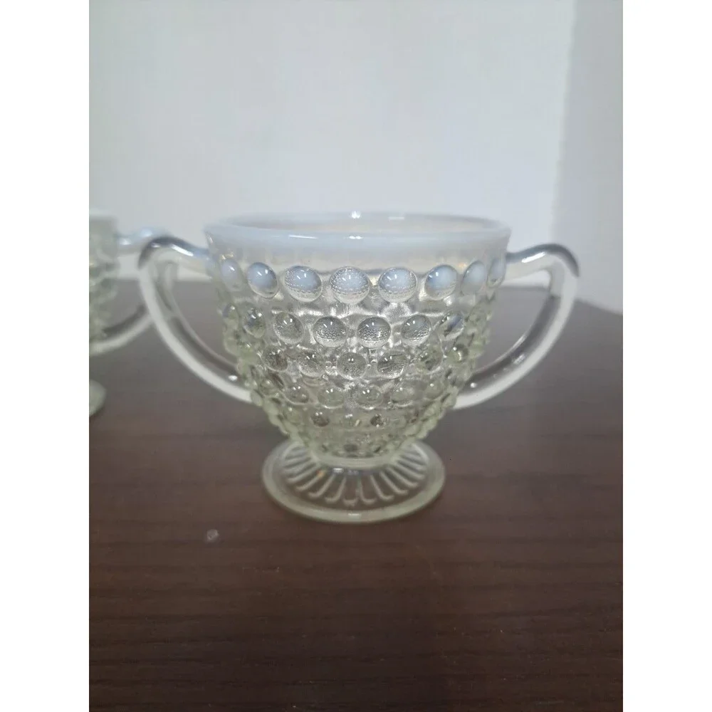 1940s Anchor Hocking Opalescent Hobnail Open Sugar Bowl And Creamer